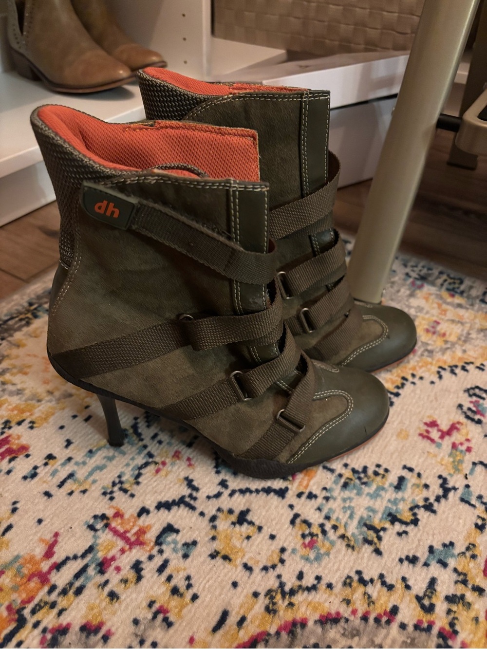 Dollhouse Olive Green Strappy Ankle Booties with Orange Interior